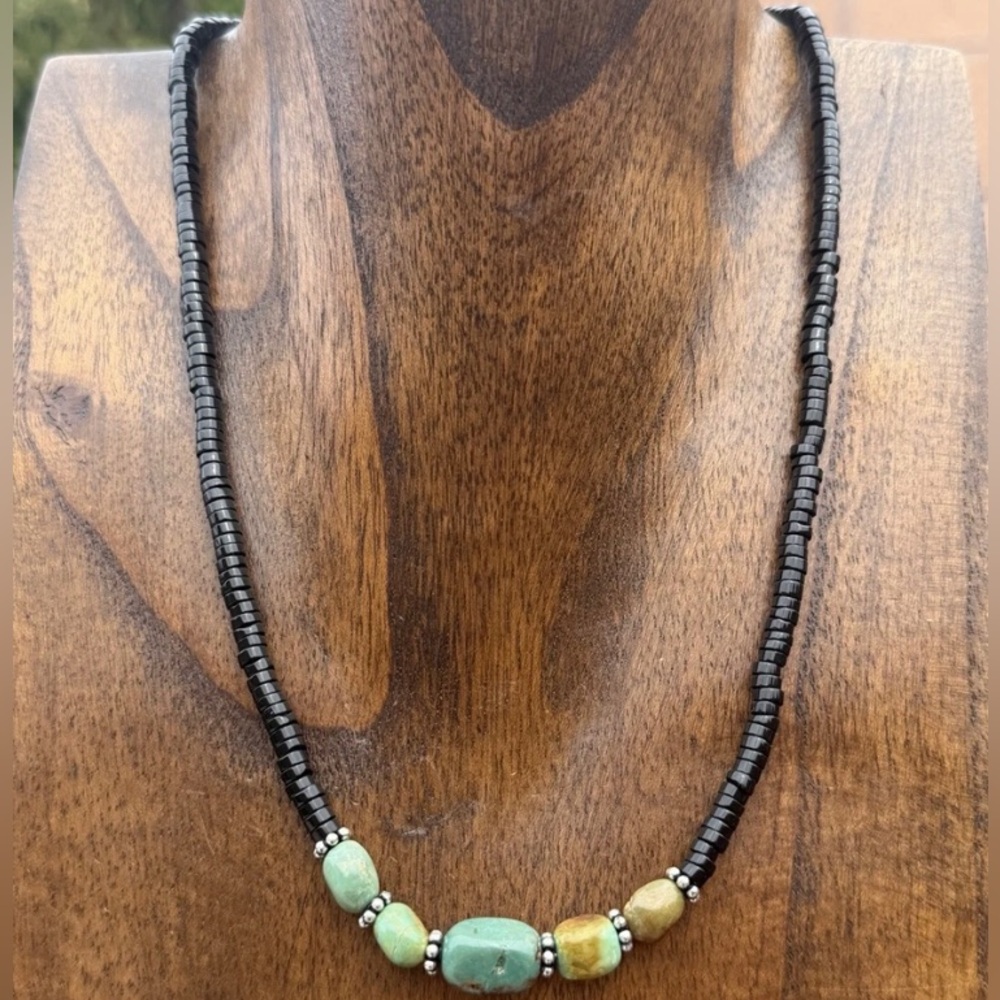 Sterling Silver Black Onyx Green Turquoise Nuggets Bead Necklace 18 inch Gift
